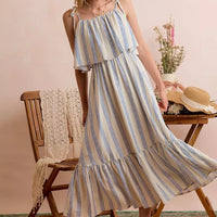 Lined blue-and-white striped tiered midi dress with ruffle shoulder ties