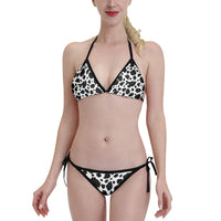 Triangle Bikini Set Black and White Cow Print Adjustable String Swimwear