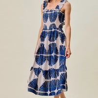 Smocked bodice tiered midi dress with navy abstract print, sleeveless, lined
