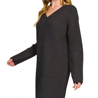 Black long-sleeve ribbed sweater dress with V-neckline and knee-length straight cut