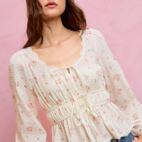 White floral clip-dot peasant blouse with lace-trim scoop neckline and gathered waist