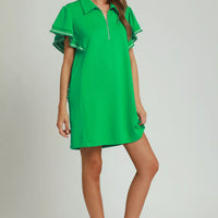 Green mini dress with short half-zip neckline, flutter sleeves, and casual pocket styling