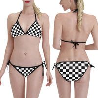 Triangle Bikini Set Black and White Checkerboard Print Adjustable Swimwear