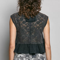 Black lace sleeveless peplum top with round back and ruffled hem