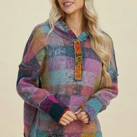Multicolor plaid fleece hoodie plus size with quarter-zip placket and dropped shoulders