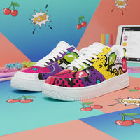Colorful sneakers on a multicolored background with cartoon elements