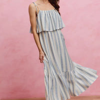 Blue-and-white striped tiered midi dress with shoulder ties, sleeveless square neckline