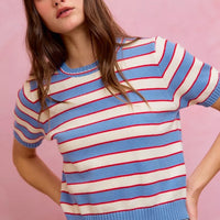 Striped knit crew neck short-sleeve sweater top with blue ribbed trim; red and white stripes
