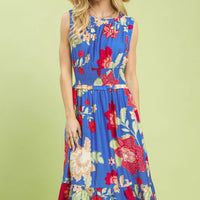 Floral smocked midi dress, sleeveless blue with red and cream floral prints