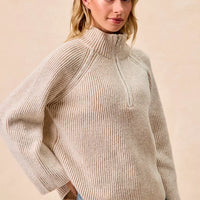 Taupe and cream ribbed knit zip-collar top, long sleeves