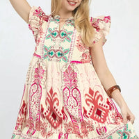 Boho print ruffle sleeve dress in pink and red paisley with teal accents and tiered skirt