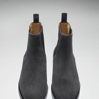 Pair of gray suede Chelsea boots shown from the front