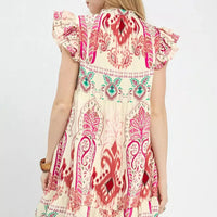 Boho print ruffle sleeve dress, back view, pink paisley pattern with teal border at hem