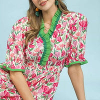 Floral ruffle-trim tiered midi dress in pink mix with green V-neck and ruffled hem