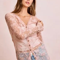 Dusty rose mesh cardigan top with bow pattern, V-neck, front buttons, long sheer sleeves