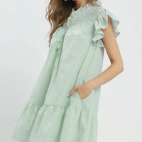 Mint striped smocked yoke ruffle dress with button front and tiered skirt