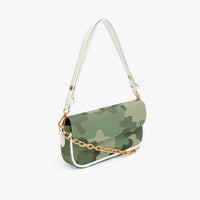 Green camouflage shoulder bag with gold chain handle and white strap, angled front view.