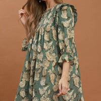 Sage floral smocked ruffle flowy dress with three-quarter puff sleeves and gathered hem