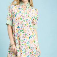 Green floral tiered babydoll dress with ruffle collar and short sleeves