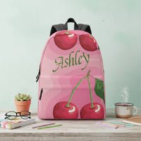 Pink Canvas Backpack | Personalized Cherry & Green Custom Name Rucksack