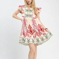 Boho print ruffle sleeve dress, full view, pink and red paisley with teal patterned hem