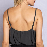 Dark gray lace-trim cami with adjustable spaghetti straps, back view