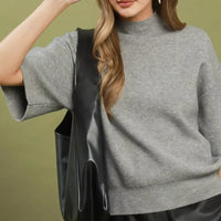 Grey mock-neck knit sweater with short sleeves