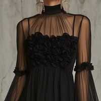 Black sheer mesh mini dress with high neck, rosette bust detail, ruffled cuffs