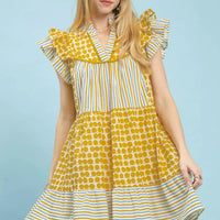 Women's patchwork tiered dress in marigold mix with flutter sleeves and ruffle hem