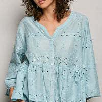 Aqua cotton eyelet peplum button-front shirt with V-neck and peplum waist