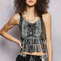 Charcoal lace-up tank with decorative bow front and fringe trim at hem