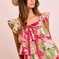 Floral ruffle square-neck top with bow tie detail, cap-sleeve ruffles and rose print
