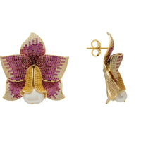 Daffodil With Pearl Earrings Gold Ruby CZ-3