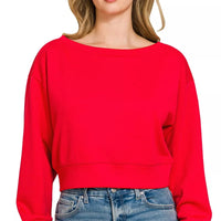 Ruby red cropped sweatshirt with boat neck and long balloon sleeves, ribbed hem