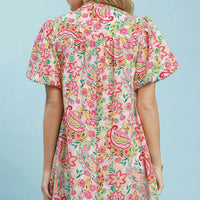 Pink mix paisley floral shift dress with puff sleeves, back view