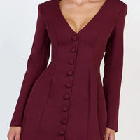 Wine red blazer dress with deep V-neck and long sleeves, vertical button closure