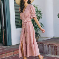 Red-and-white striped wrap midi dress with V-neck and tied waist, short puff sleeves