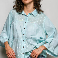 Aqua polka-dot textured button-front shirt with gathered waist and point collar