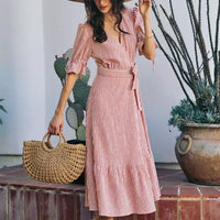 Red and white striped wrap midi dress with knotted belt and short puff sleeves