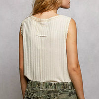 Beige ribbed sleeveless tank back view with scalloped lace neckline trim