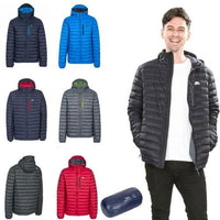 Men's packaway down jacket shown in multiple colors, worn and folded into a compact pouch