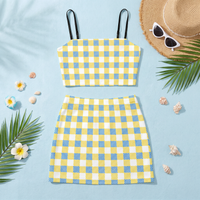 Yellow Blue and White Gingham Co Ord Set - Women's Crop Tank Top & Mini Skirt Co Ords