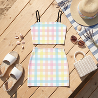 Pastel Multi Colour Gingham Co Ord Set - Women's Crop Tank Top & Mini Skirt Matching Set