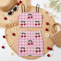 Pink and White Gingham with Cherries Co Ord Set - Women's Crop Tank Top & Mini Skirt Two-Piece