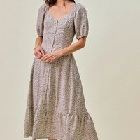 Ditsy floral midi dress, square neckline, puff sleeves, elastic waist, self belt tie