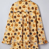 Gold Halloween pumpkin print lounge shorts set, long-sleeve top with elastic cuffs