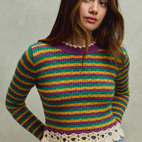 Multicolor striped cropped knit top with scalloped crochet trim at hem and cuffs