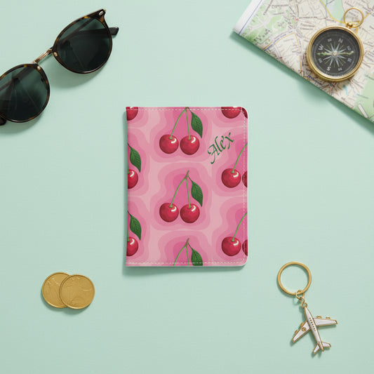 Passport Holder, Travel Wallet, Pink Cherry Custom PU Leather Sleeve with Personalized Cover