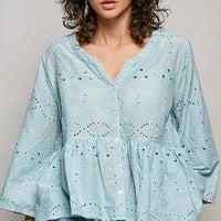Aqua cotton eyelet peplum button-front shirt with V-neck and long sleeves