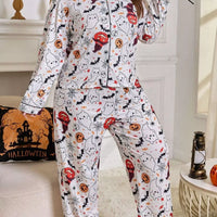 Plus size Halloween pajama set with white long-sleeve top and matching printed pants